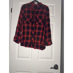 Laju Long Sleeve Plaid Flannel Button Down Shirt Large Red Navy